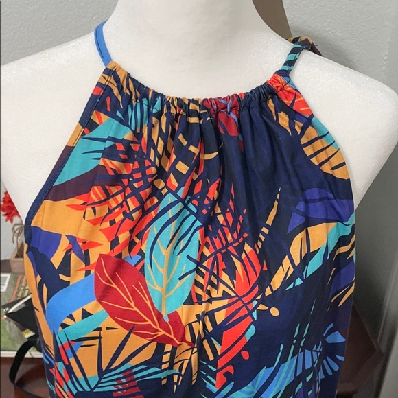 Blue and Pink One Shoulder Sundress with Slit - Picture 3 of 4